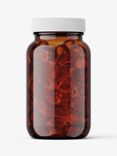 Amber fish oil capsules pharmaceutical jar mockup