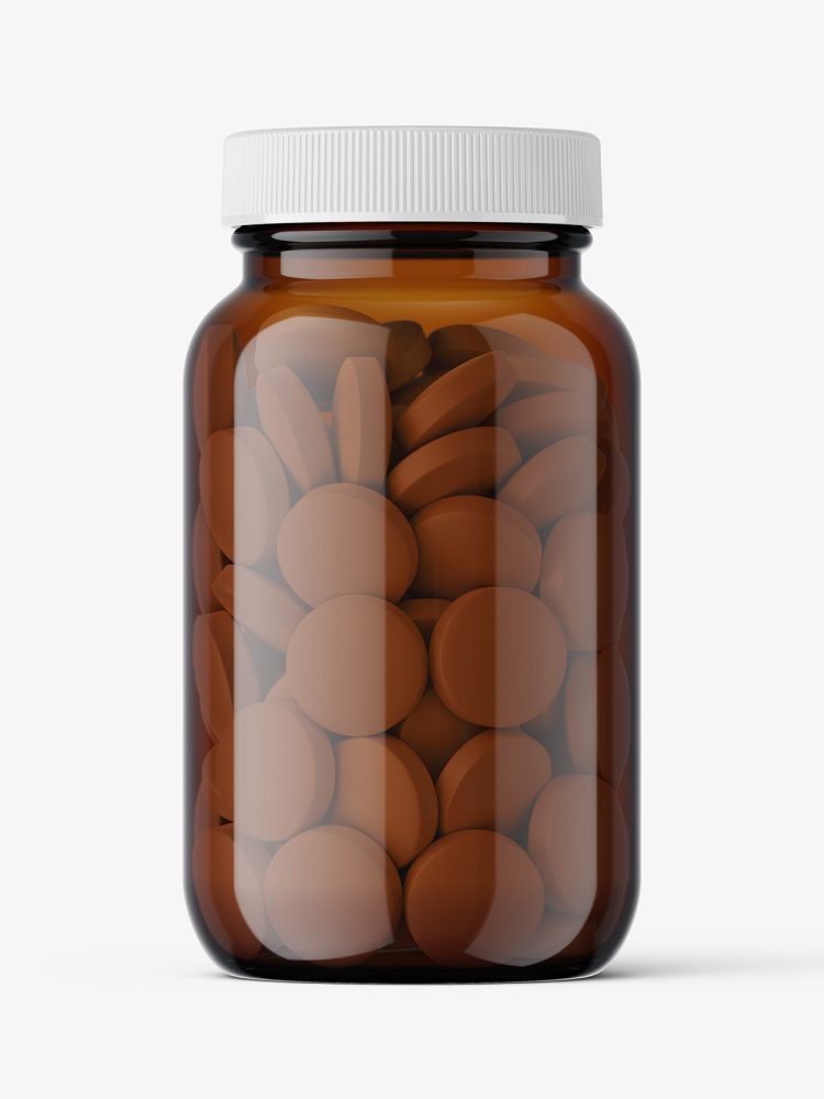 Amber round tablets pills pharmaceutical jar mockup