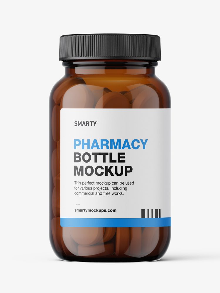 Amber tablets pills pharmaceutical jar mockup