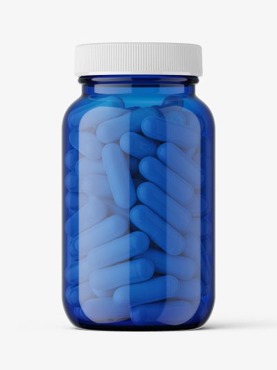 Blue capsules pharmaceutical jar mockup