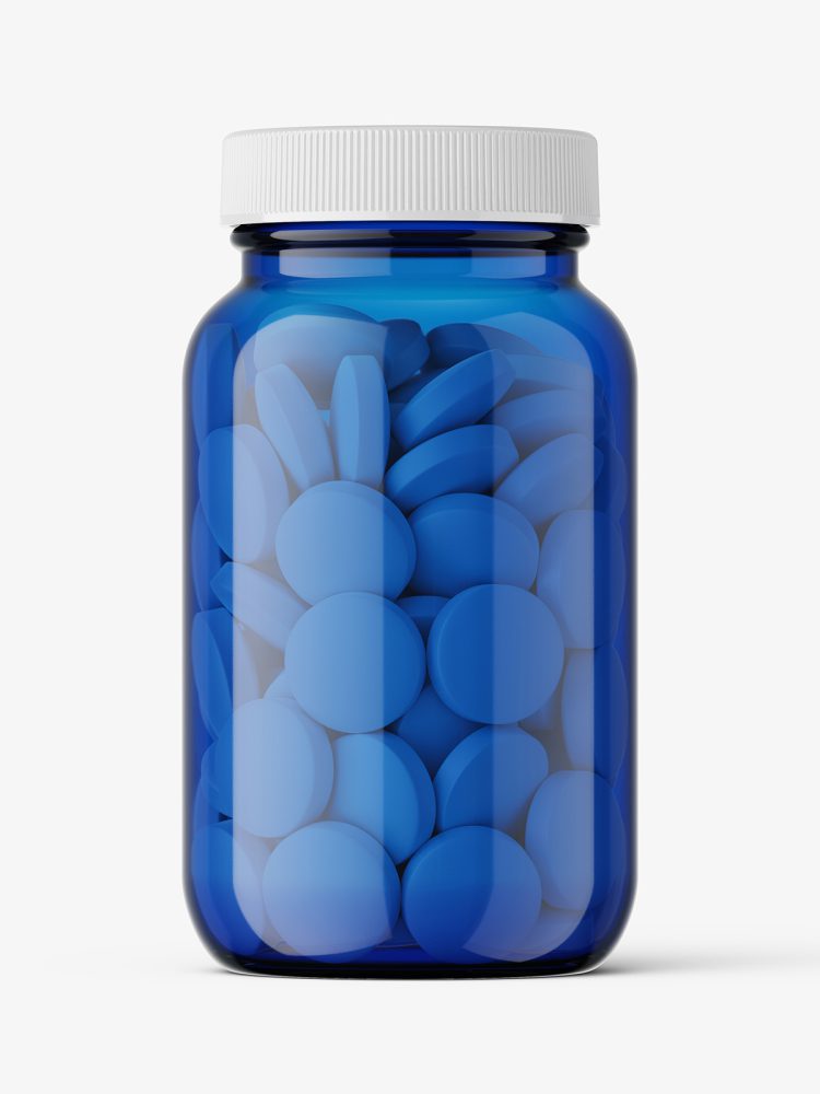 Blue round tablets pills pharmaceutical jar mockup