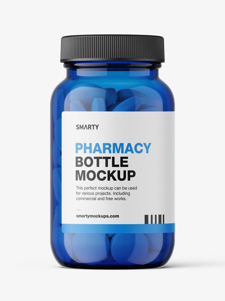 Blue round tablets pills pharmaceutical jar mockup