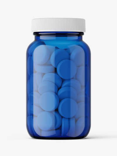 Blue tablets pills pharmaceutical jar mockup