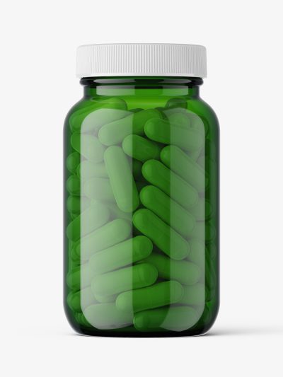 Green capsules pharmaceutical jar mockup