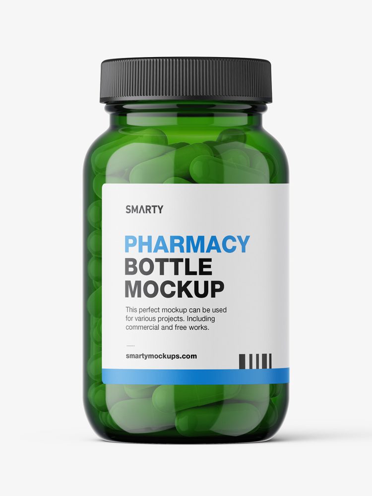 Green capsules pharmaceutical jar mockup