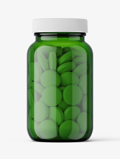 Green round tablets pills pharmaceutical jar mockup